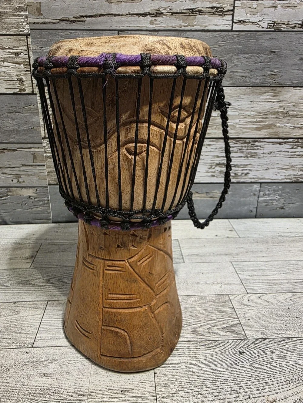 Hand-Carved African Djembe Drum with Natural and Purple Accents